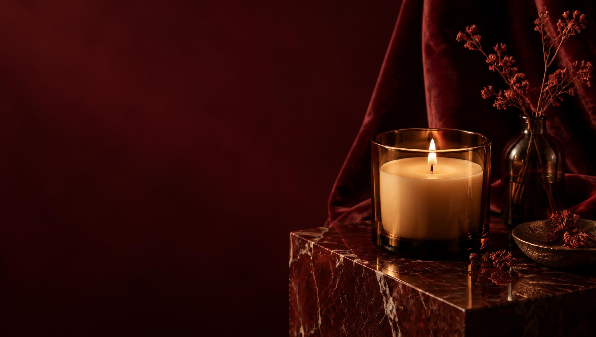 Temporary editorial scene: an unbranded candle in warm light against burgundy velvet
